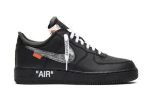 The Off-White x Air Force 1 Low '07 'MoMA' rep shoes stand out with their bold black and silver design, accented by Off-White's signature detailing.