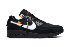 The Off-White x Air Max 90 "Black" sneakers rep come in a bold black colorway with unique off-white industrial and text accents.