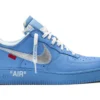 The Off-White x Air Force 1 Low '07 'MCA' rep sneaker captivate with their striking blue colorway, contrasted by signature Off-White design elements.