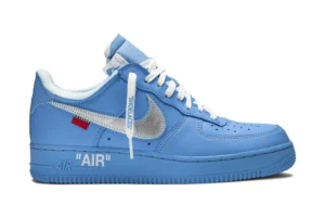 The Off-White x Air Force 1 Low '07 'MCA' rep sneaker captivate with their striking blue colorway, contrasted by signature Off-White design elements.
