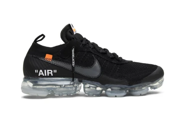 The Off-White x Air VaporMax 'Part 2' rep shoes showcase a sleek black upper with Off-White's iconic zip tie and textual overlays.